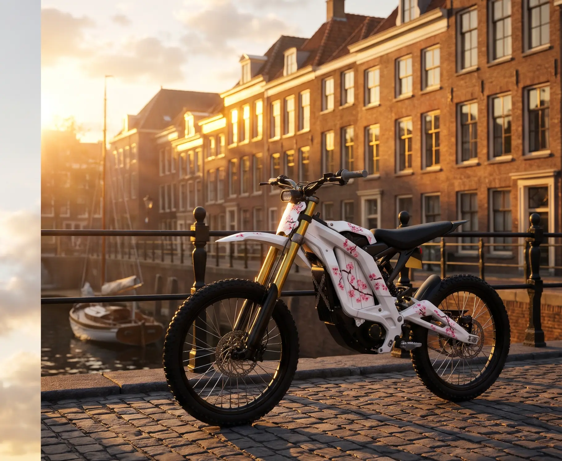 Editorial illustration of a white electric dirt bike with pink blossom graphics on a canal street at sunset